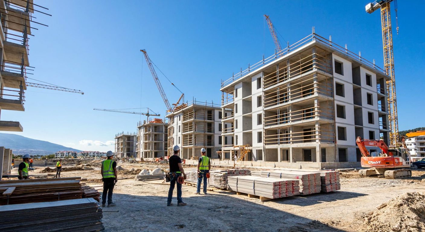 A bustling construction site in Northern Cyprus with workers in hard hats building a modern apartment complex under a bright Mediterranean sun, surrounded by cranes and stacks of materials.