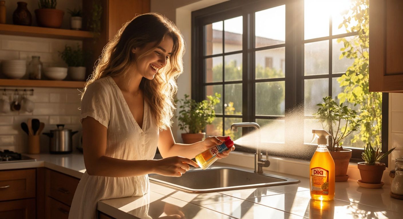 A smiling woman in a bright Turkish kitchen sprays Dixi surface cleaner on a sparkling tiled countertop while sunlight streams through the window.