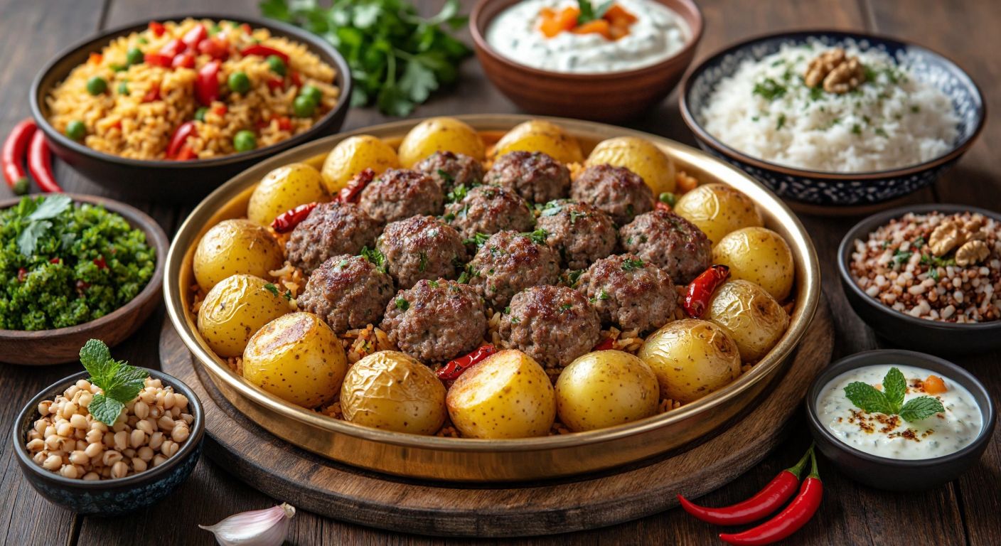 A steaming golden tray of minced meat and baked potatoes sits at the center of a rustic wooden table, surrounded by colorful side dishes: a vibrant garnished rice with peas and red peppers, a bowl of creamy homemade yogurt, a plate of bulgur pilaf with barley, a fresh Gavurdağı salad with walnuts, and a small dish of haydari with garlic and mint.