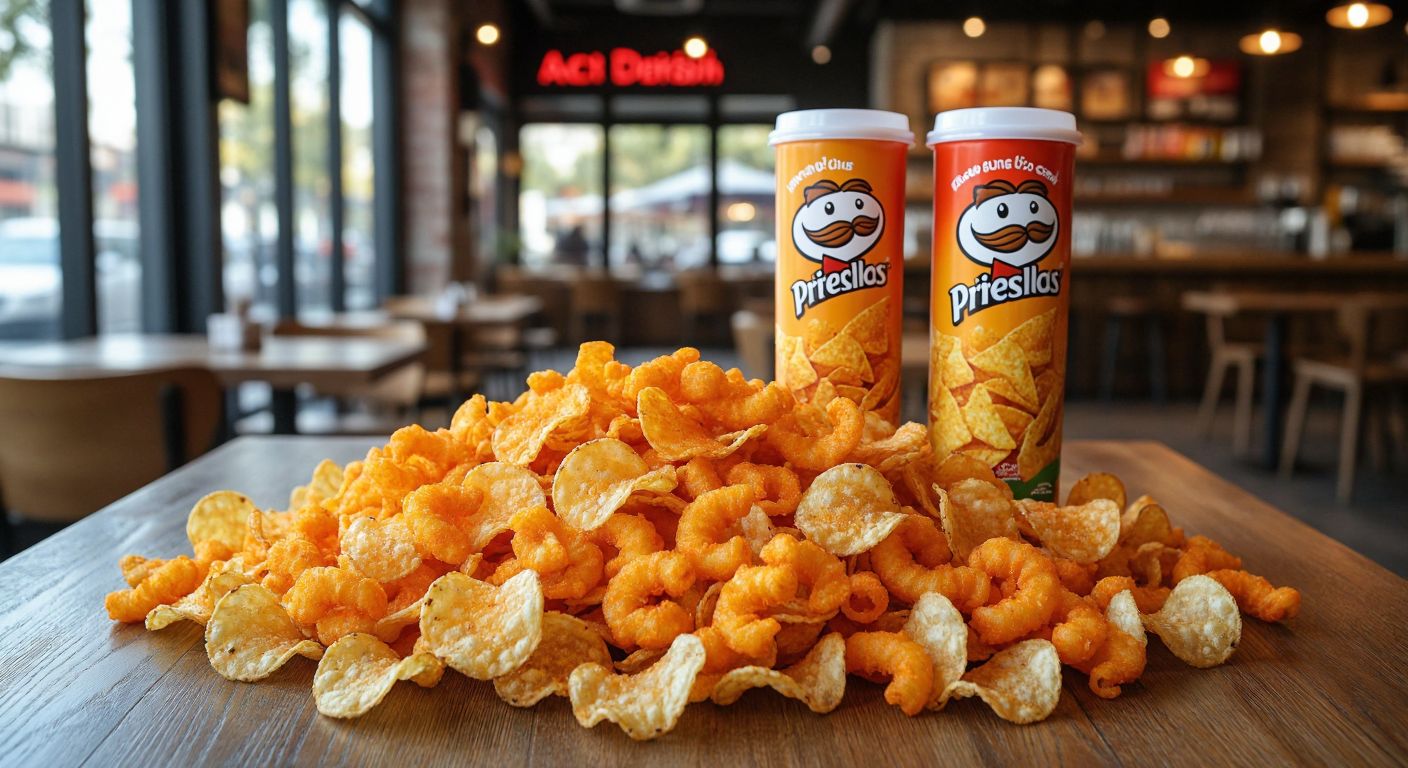 A colorful array of crispy chips—Pringles in their iconic tube, Doritos with nacho cheese dust, Cheetos in bright orange curls, and Ruffles with wavy ridges—spilled across a wooden table in a cozy Turkish café.