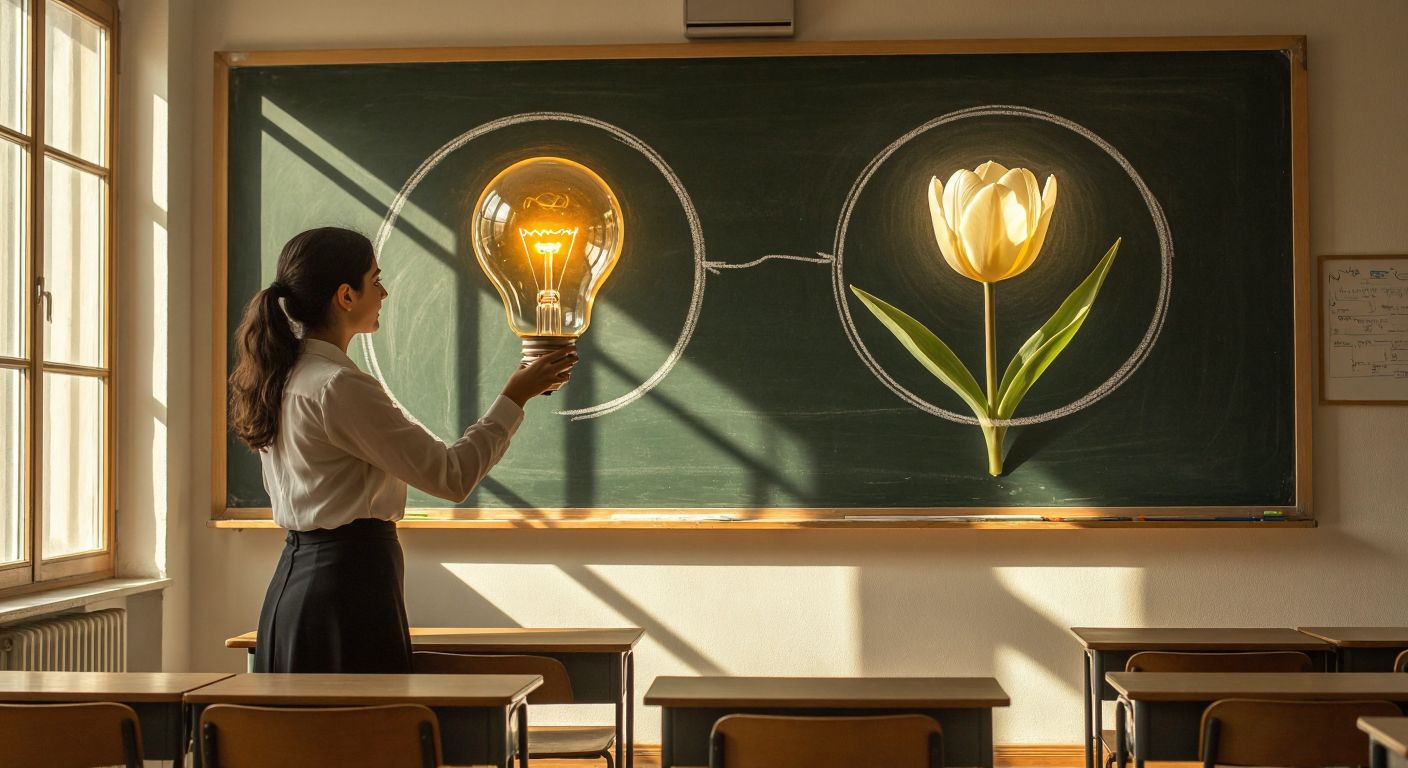 A Turkish teacher in a sunlit classroom gestures toward a chalkboard with two overlapping circles, one filled with a glowing light bulb and the other with a blooming tulip, symbolizing analogy through connection.