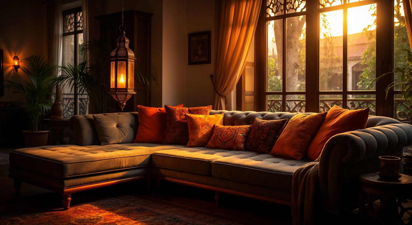A cozy Turkish living room with a plush sofa featuring visible spring coils beneath its cushions, bathed in warm golden light from a traditional lantern.