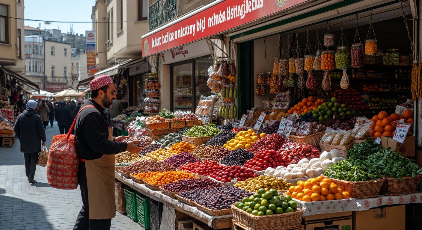 A vibrant Turkish bazaar scene with a merchant enthusiastically presenting a colorful array of local products, a customer examining prices, a delivery person carrying goods, and a lively promotional banner in the background.