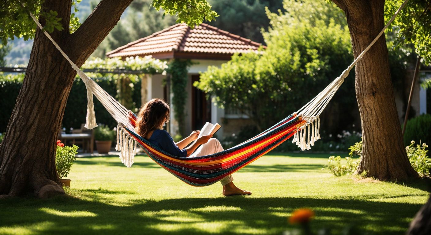 A person in a sunny Turkish garden carefully weaving a colorful hammock with thick, durable polyester ropes tied between two sturdy trees.