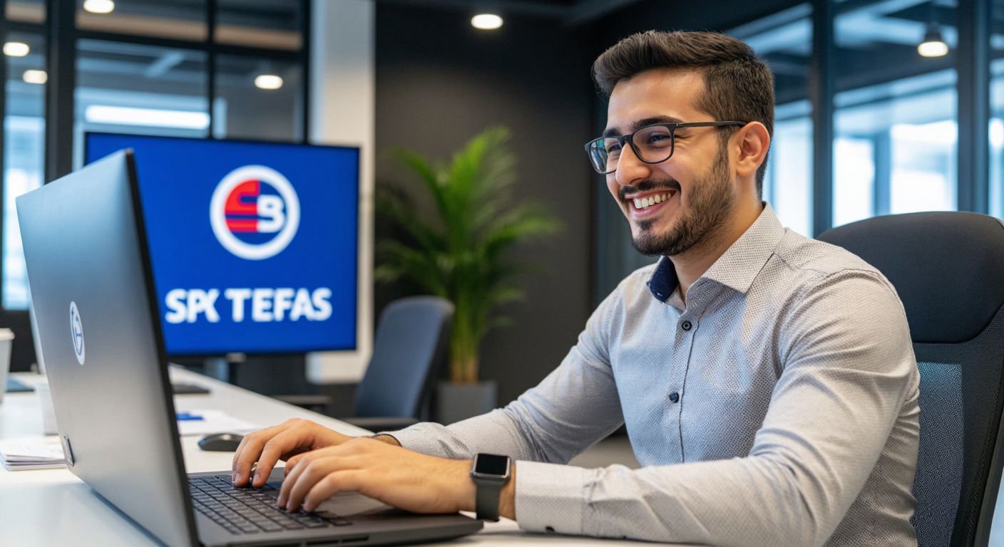 A confident Turkish investor in a modern office smiles while securely browsing the TEFAS website on a computer, with the SPK and TSPB logos subtly displayed in the background.