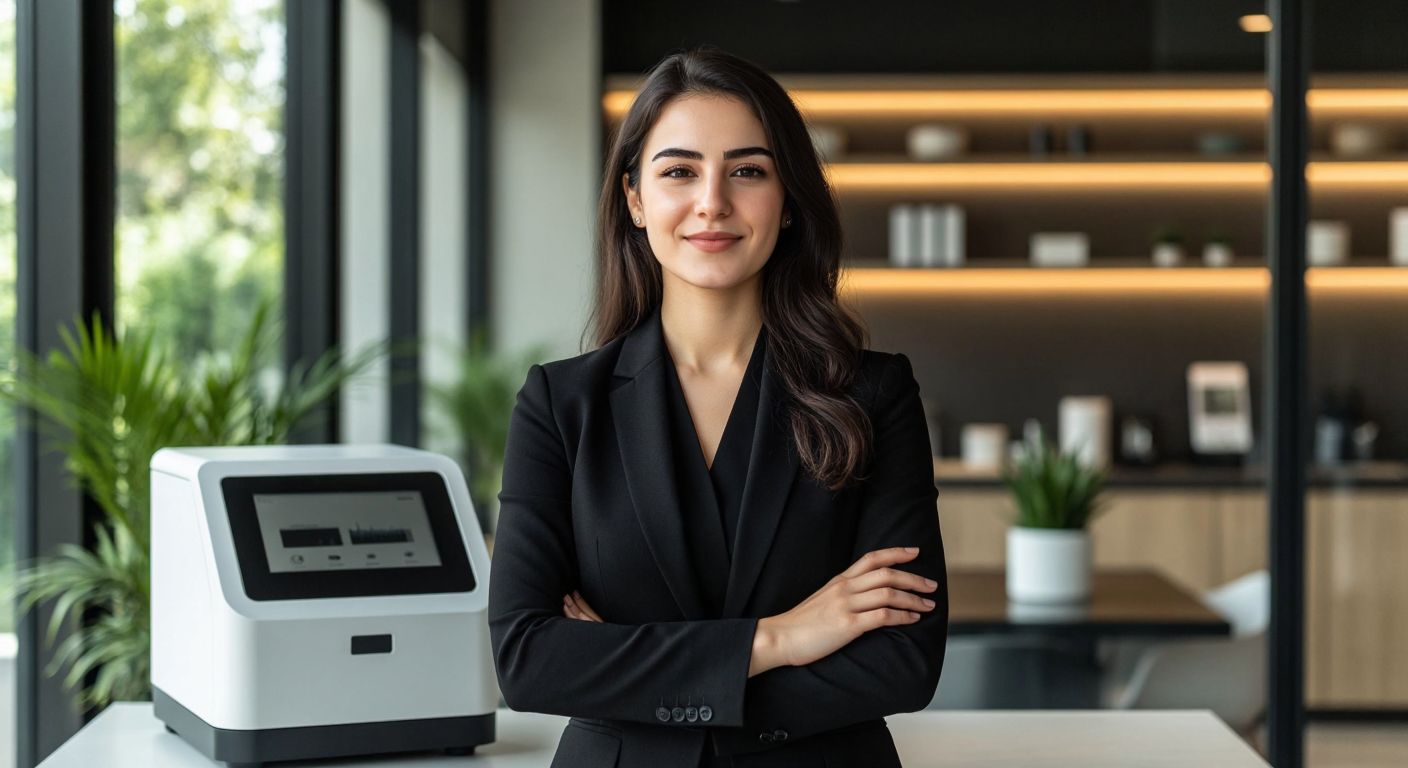 A confident Turkish woman in a modern office setting, wearing professional attire, standing beside a sleek analytical device with a warm, determined expression.