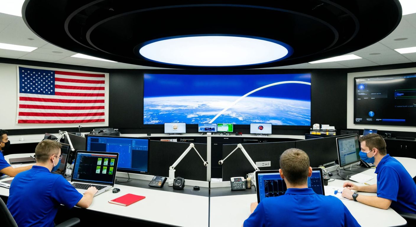 A futuristic NASA control room in Houston, Texas, with focused engineers in blue shirts monitoring screens, a large central display showing a spacecraft trajectory, and an American flag on the wall.