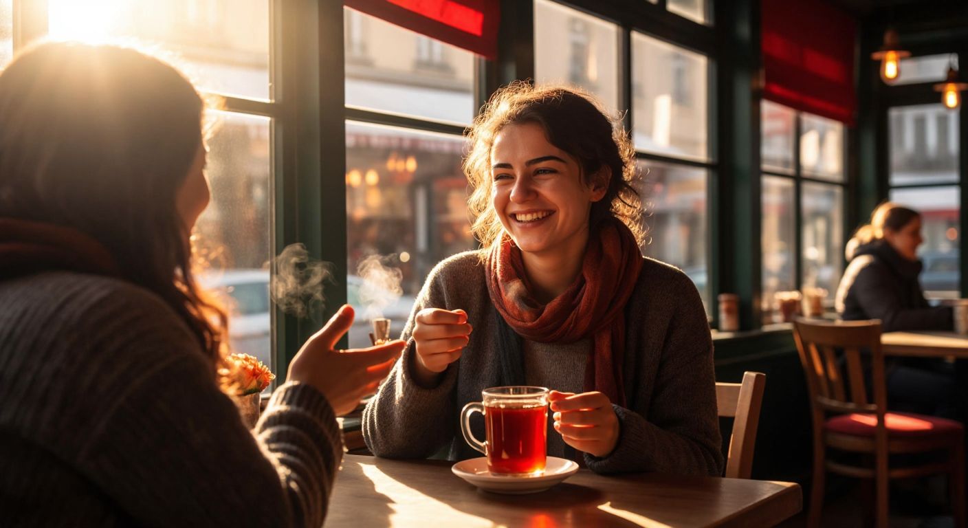 A smiling person in a cozy Turkish café, holding a steaming cup of çay while warmly gesturing toward a friend, surrounded by the warm glow of morning sunlight.