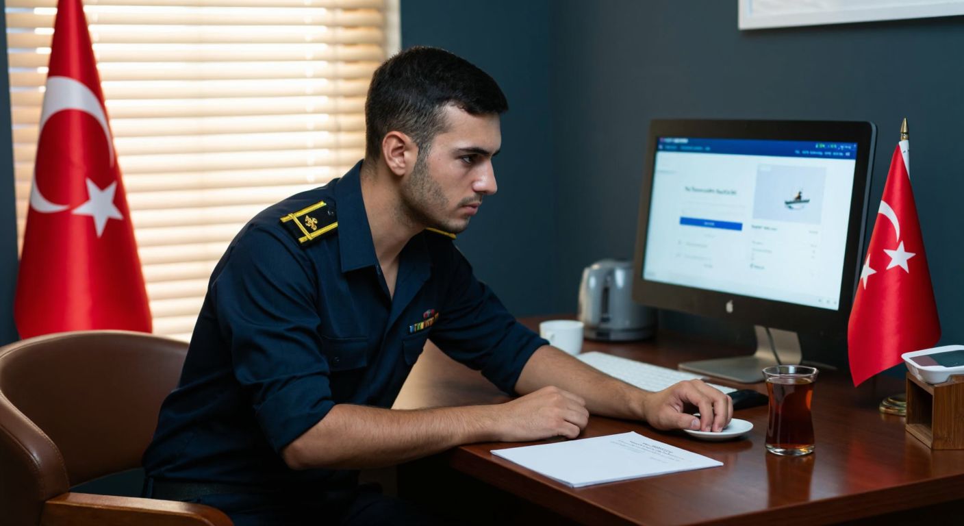 A determined young Turkish man in a navy-blue uniform sits at a wooden desk, intently focusing on a computer screen displaying a maritime-themed exam interface, with a small Turkish flag and a steaming cup of çay beside him.