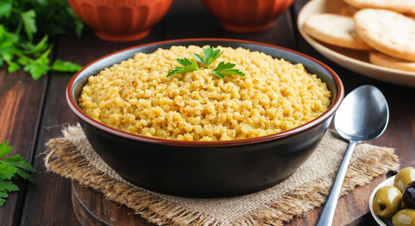 A warm bowl of golden-brown **hedik** (cracked wheat) sits on a rustic wooden table in a Turkish kitchen, surrounded by fresh herbs, a spoon, and a small plate of olives, evoking nourishment and traditional comfort.