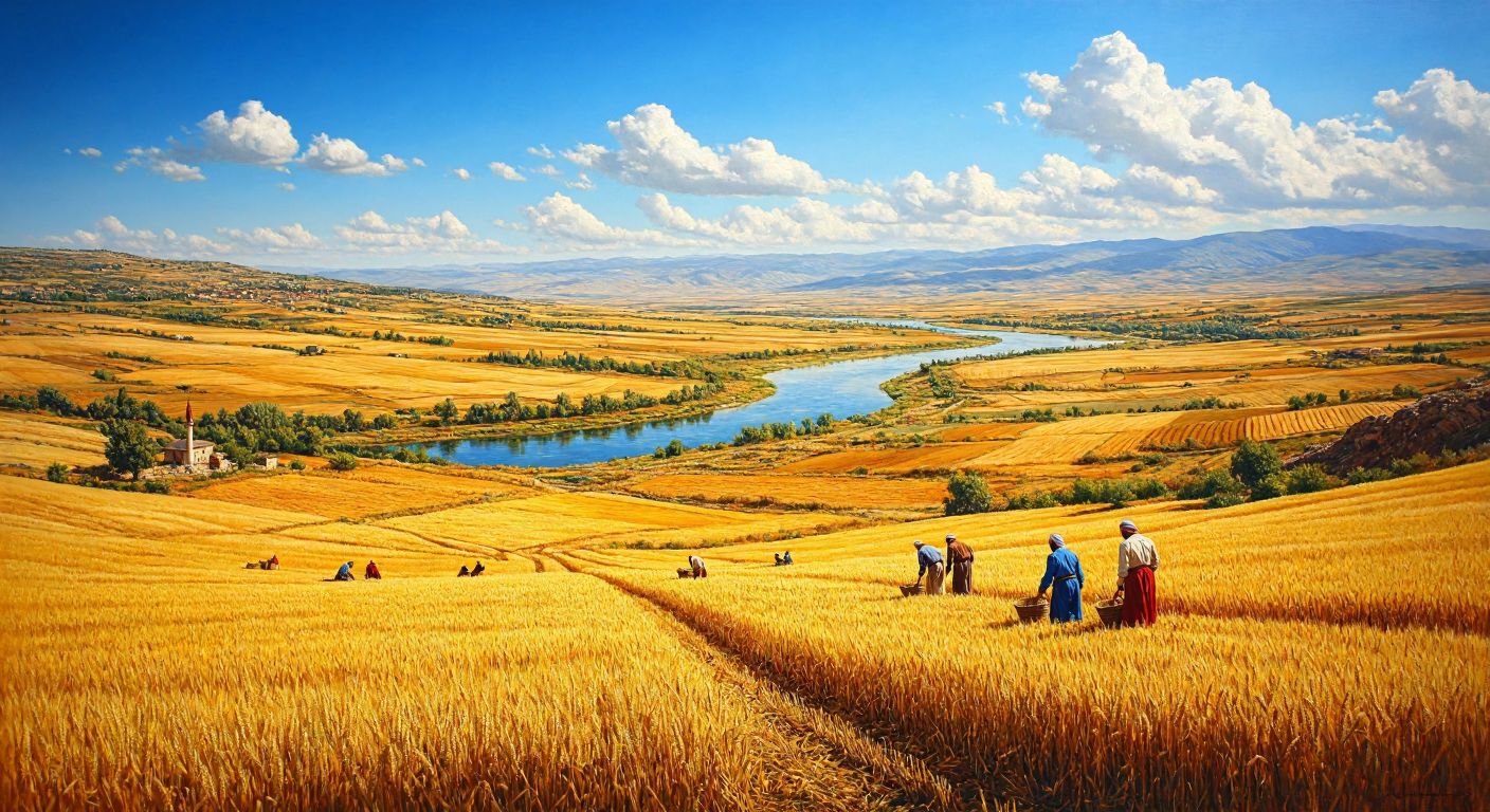 A vast, sunlit Turkish landscape with golden wheat fields stretching to the horizon, dotted with farmers in traditional attire tending to crops, and a winding river reflecting the blue sky, surrounded by fertile plains and distant mountains.