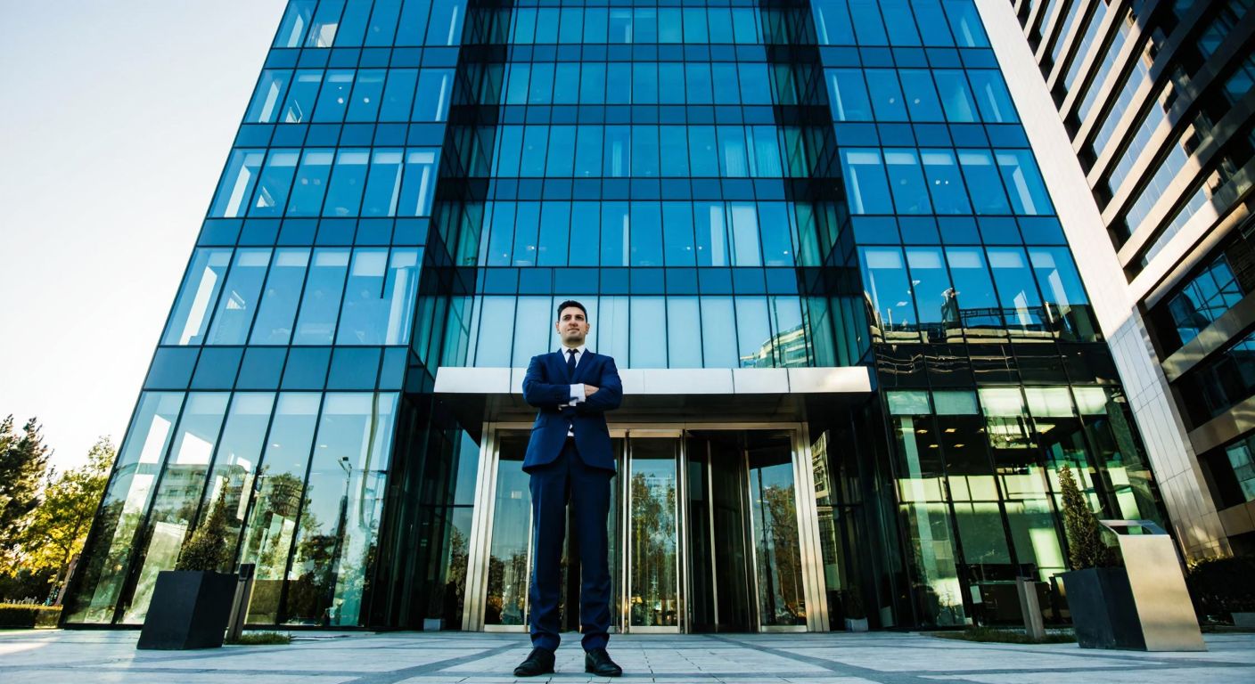 A modern glass skyscraper in Istanbul's Şişli district, reflecting sunlight, with a professional Turkish banker in a suit standing confidently in front of its sleek entrance.