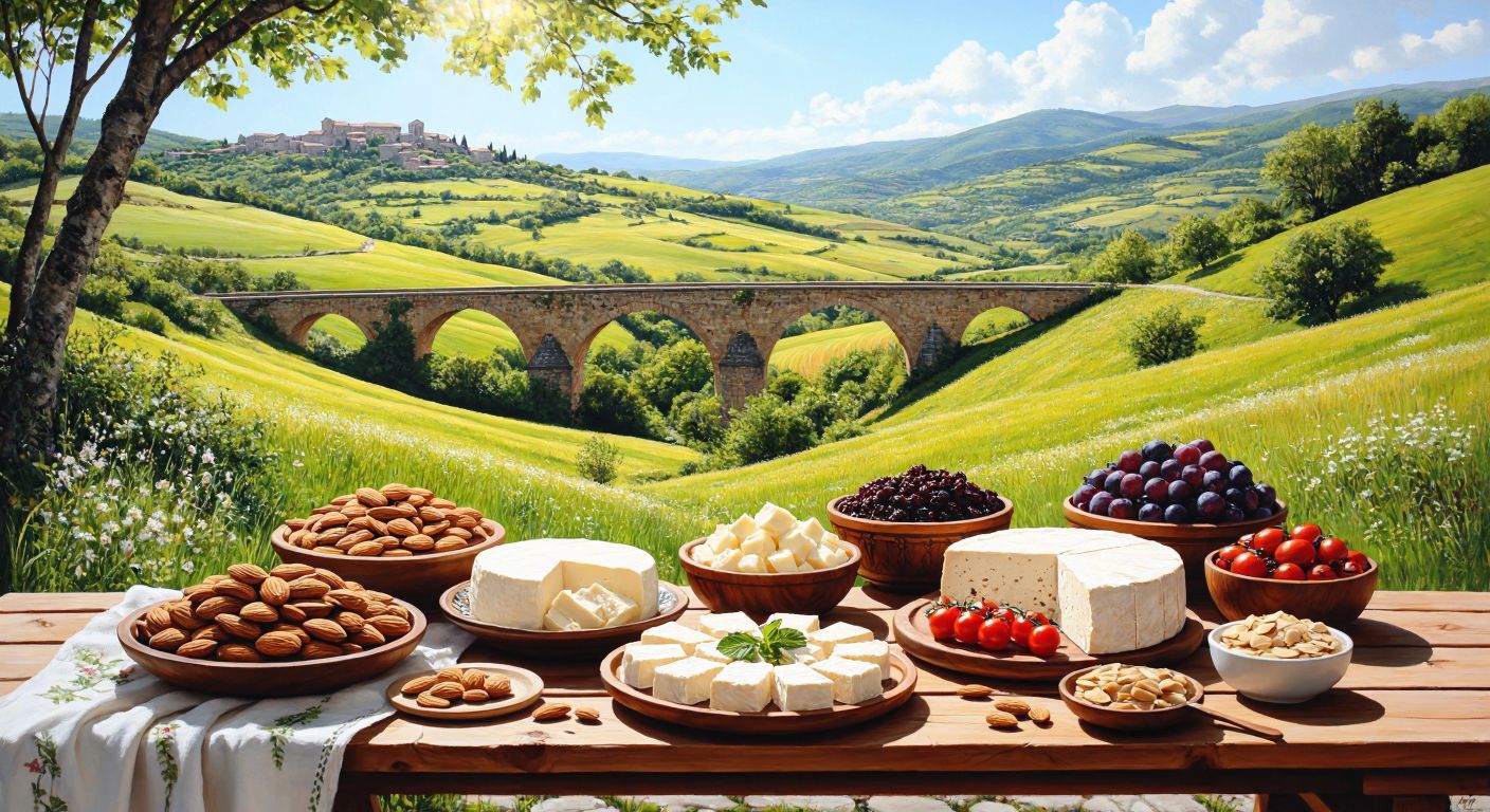 A vibrant table in Kırklareli laden with badem ezmesi, tahin helvası, and peynir, surrounded by rolling green hills and a historic stone bridge under a sunny sky.