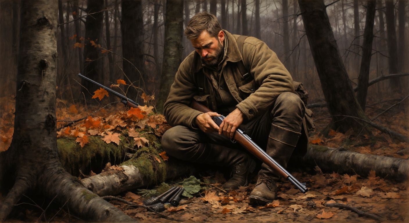 A rugged hunter in a forest clearing carefully inspects the bolt-action shotgun in his hands, his brow furrowed in concentration as he checks the chamber for cartridges, with autumn leaves scattered on the ground around his worn leather boots.