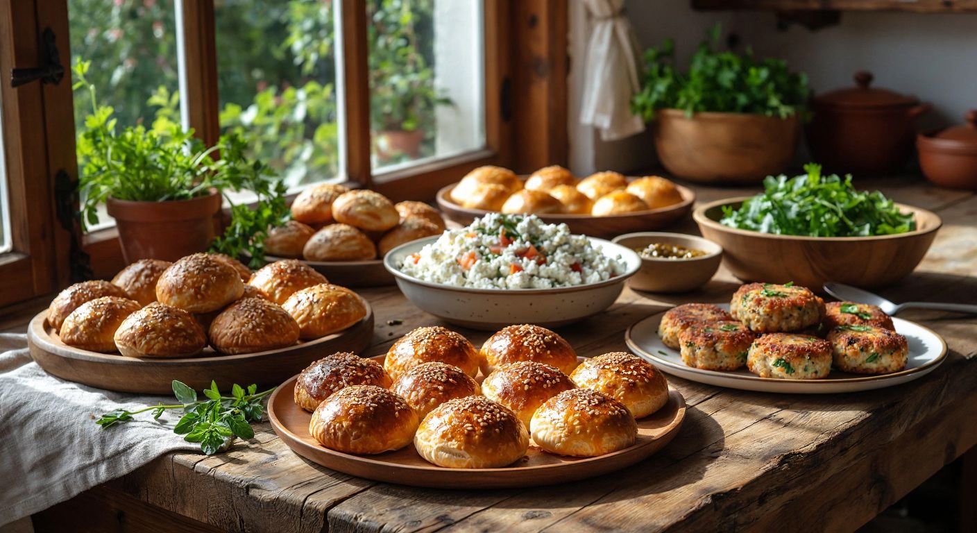 A rustic wooden table in a sunlit Turkish kitchen is laden with golden-brown poğaça, flaky börek, a bowl of fresh lor peynirli salad, and a plate of lor köftesi, evoking warmth and homemade comfort.