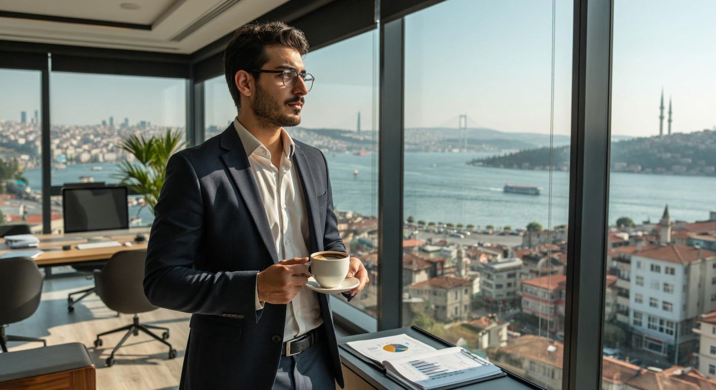 A Turkish investor in a crisp suit confidently reviews financial charts while standing in a modern Istanbul office with a Bosphorus view, holding a steaming cup of Turkish coffee.