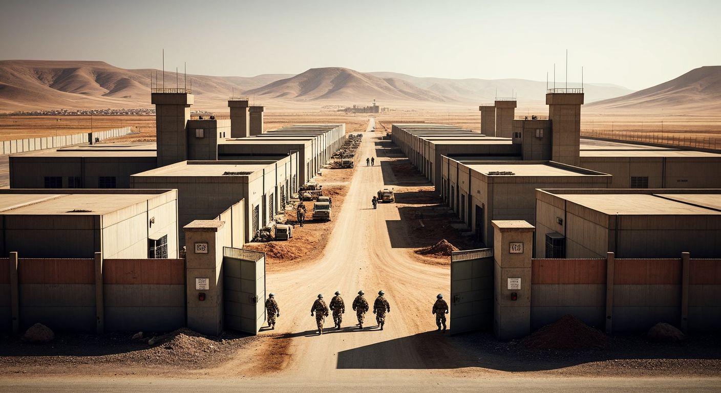 A large, secure industrial complex with high walls and guarded gates under a clear sky, surrounded by arid plains near Kırıkkale, with uniformed workers and military personnel moving between sturdy concrete buildings.