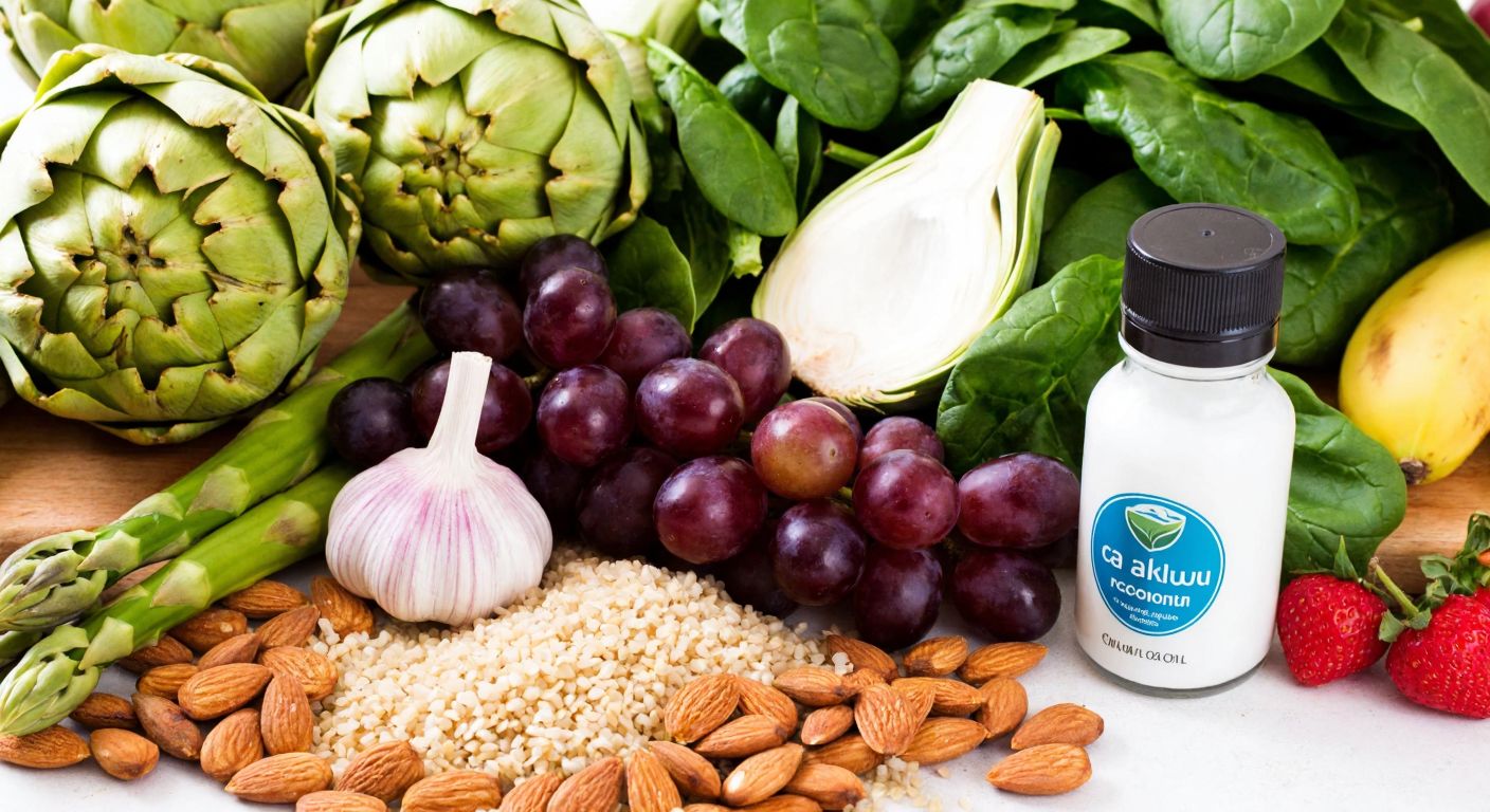 A vibrant Turkish kitchen table set with fresh artichokes, grapes, asparagus, garlic, whole-grain bulgur, almonds, and spinach, alongside a small bottle of coconut oil, evoking health and nourishment.