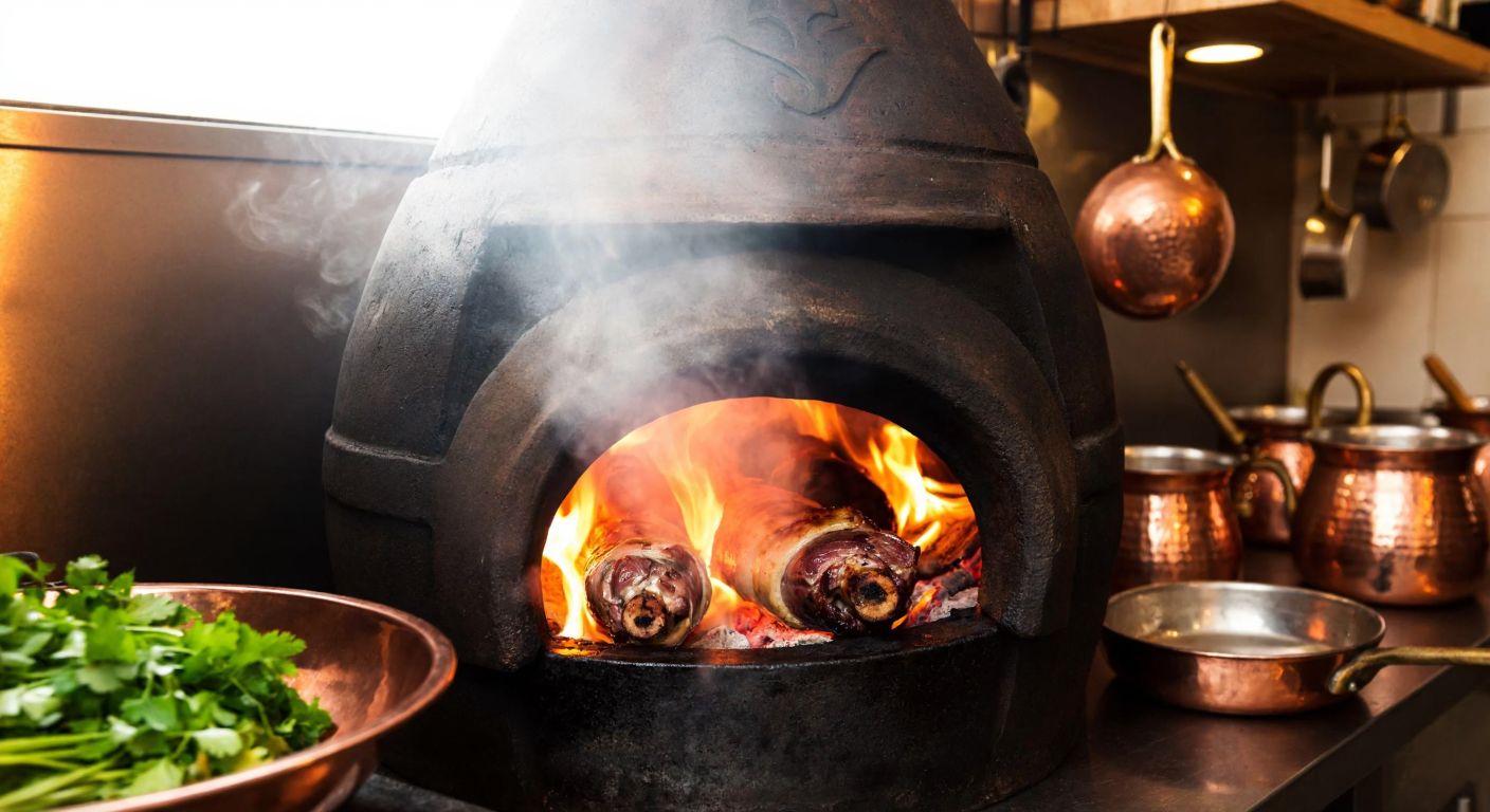 A traditional tandoor oven glowing with embers, its smoky aroma rising as succulent lamb pieces slowly roast inside, surrounded by a warm Turkish kitchen with copper pots and fresh herbs.