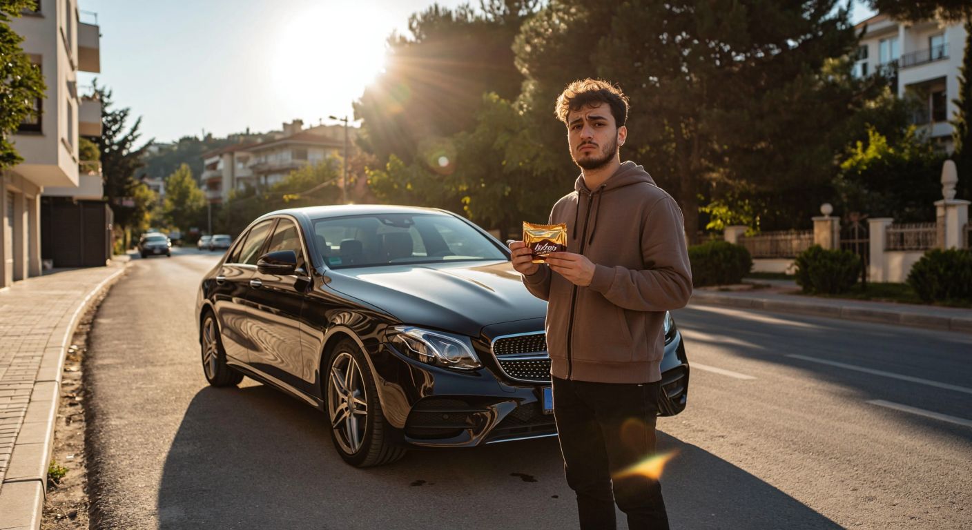 A disappointed person holding an empty Ülker chocolate wrapper while standing near a sleek, unattainable Mercedes car under a bright Turkish sun.