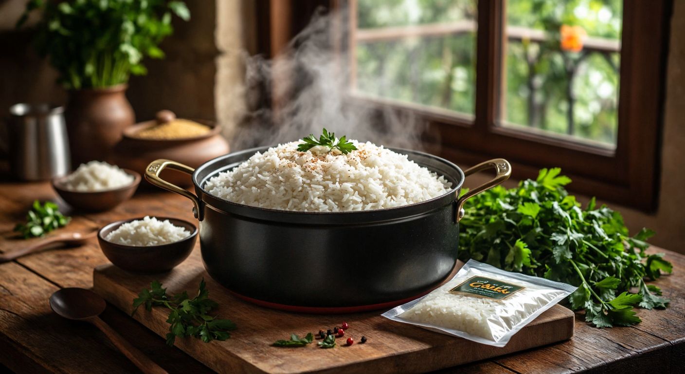 A warm Turkish kitchen with a steaming pot of fluffy white Çaylak rice, fresh herbs, and a neatly sealed durable package on a wooden table, evoking comfort and quality.
