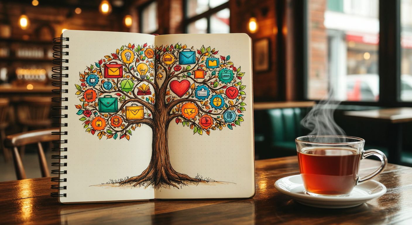 A vibrant, hand-drawn tree with sprawling branches in a notebook, each branch labeled with colorful icons representing education (books), business (briefcase), personal growth (lightbulb), therapy (heart), and software (gears), set against a warm Turkish café backdrop with a steaming cup of çay nearby.