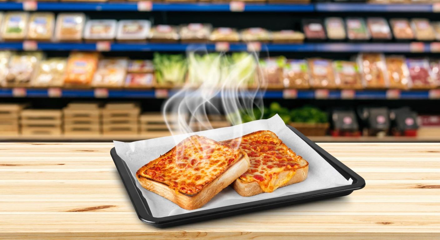A neatly arranged package of two golden-brown pizza toasts on a wooden kitchen counter, with steam rising from their melted cheese, set against a backdrop of a Turkish market shelf stocked with frozen foods.
