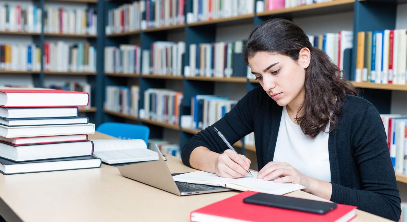 A focused Turkish student in a university library, surrounded by neatly stacked books and a laptop, carefully writing notes with a determined expression.