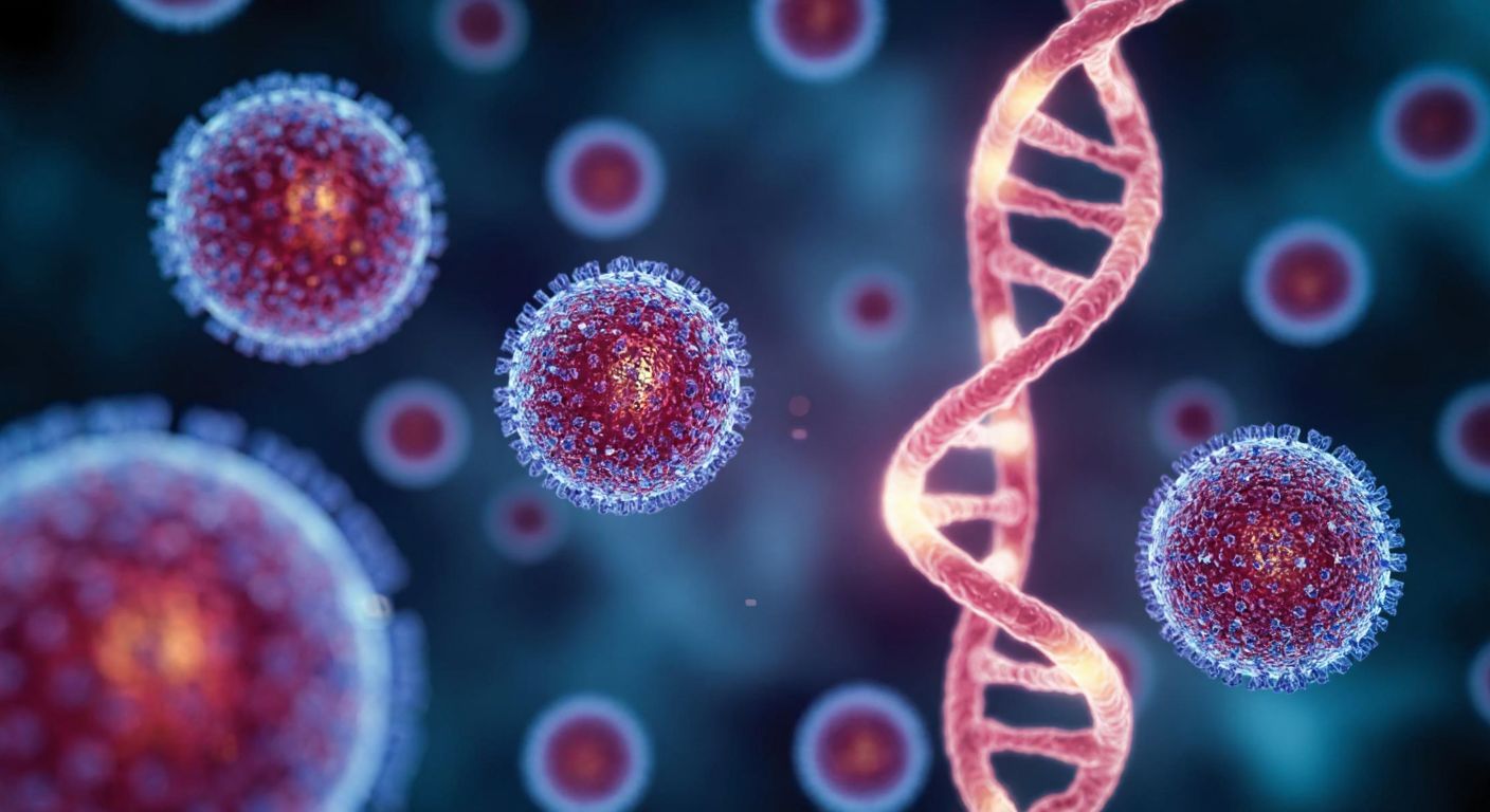 A microscopic view of healthy cells orderly dividing alongside chaotic, mutated cells, with a glowing strand of DNA in the background symbolizing genetic regulation.
