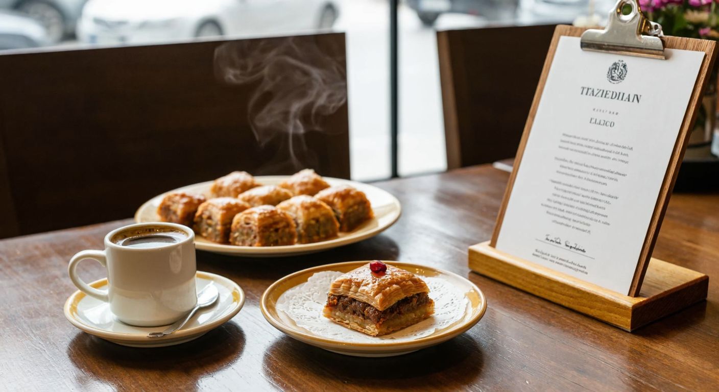 A polished wooden menu holder on a rustic cafe table in Turkey, displaying a neatly arranged menu beside a steaming cup of Turkish coffee and a plate of baklava.