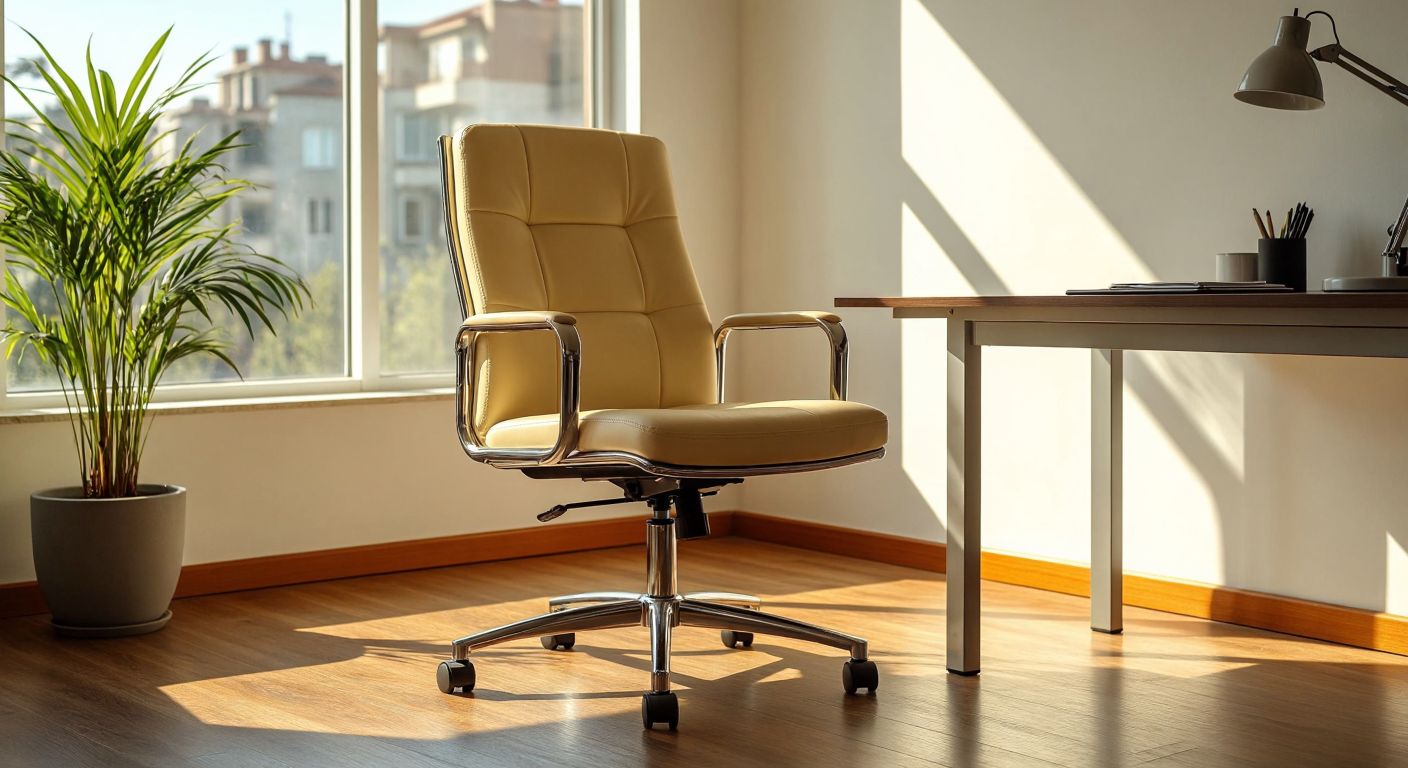 A sturdy, modern office chair with a sleek metal frame and cream-colored synthetic leather upholstery, placed in a bright Turkish workspace with warm sunlight streaming through the window.