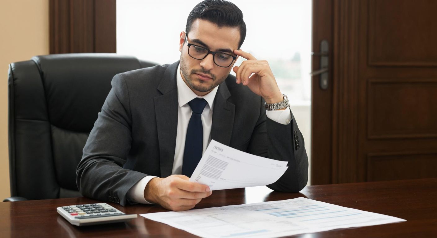 A Turkish accountant in a formal office setting, wearing glasses and a suit, thoughtfully reviewing a stack of invoices and receipts while a calculator sits nearby on a wooden desk.