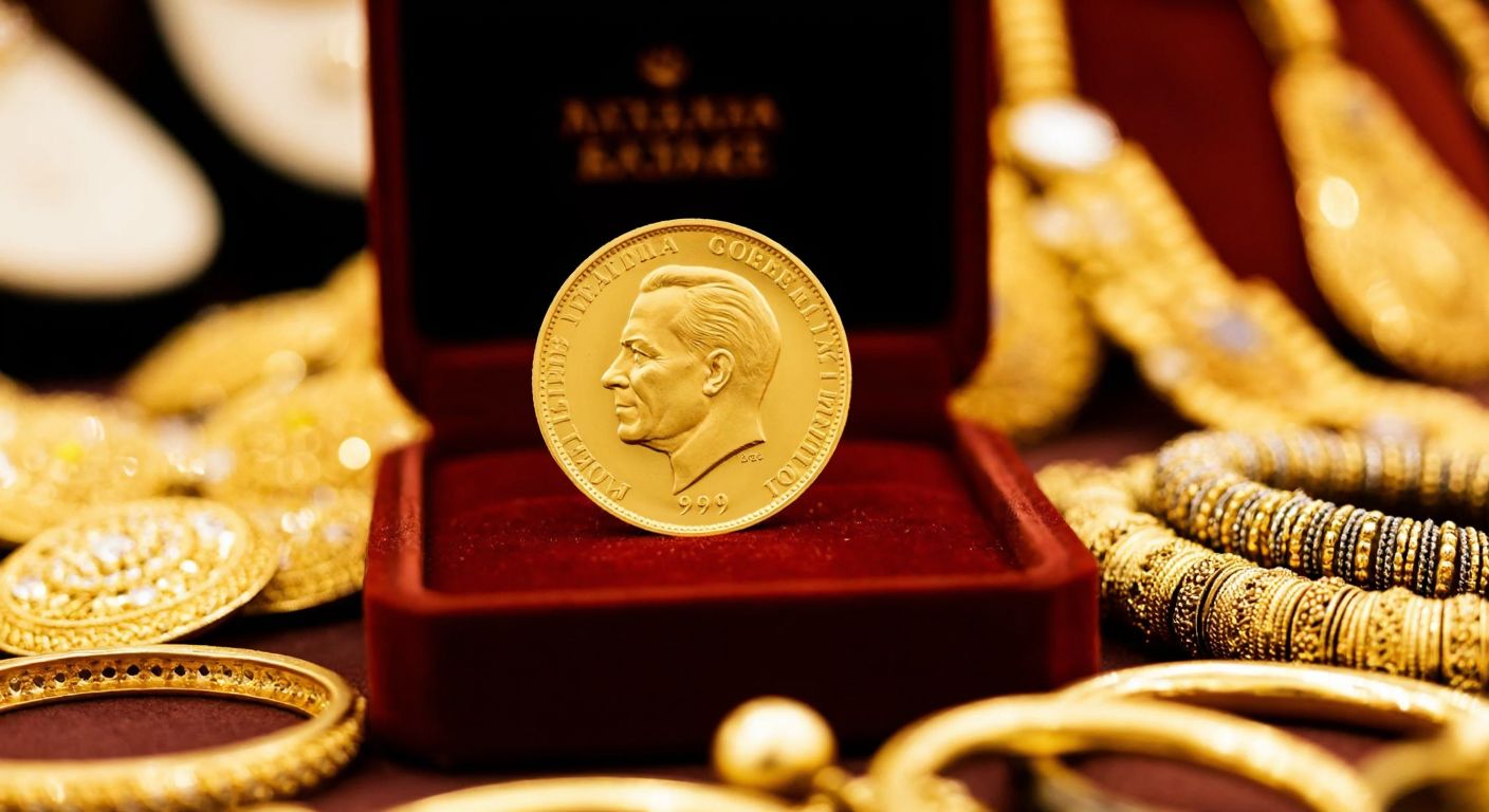 A gleaming gold coin with a side-profile portrait of Atatürk rests on a velvet-lined jewelry box, surrounded by traditional Turkish gold bangles and necklaces in a warmly lit bazaar stall.