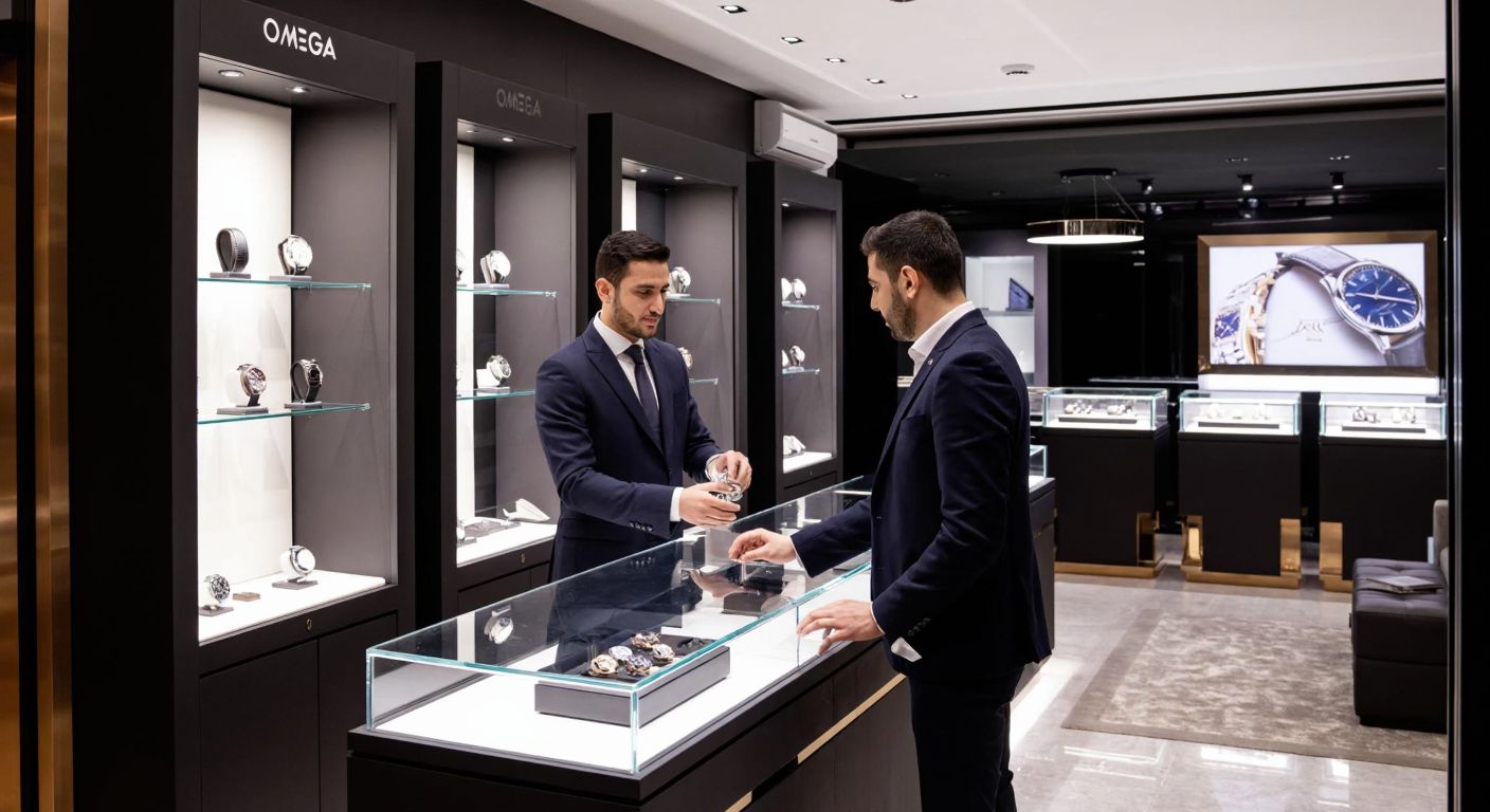 A sleek, modern watch boutique in Istanbul with glass display cases showcasing luxury timepieces from Omega, Montblanc, and Blancpain, attended by a well-dressed Turkish salesperson assisting an elegantly dressed customer.