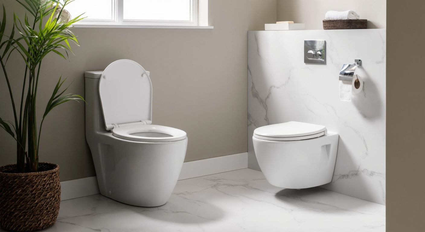 A neatly arranged modern Turkish bathroom with a pristine white wall-hung toilet, surrounded by three different toilet seat options—oval, round, and D-shaped—placed side by side on a marble countertop, with soft natural light filtering through a small window.