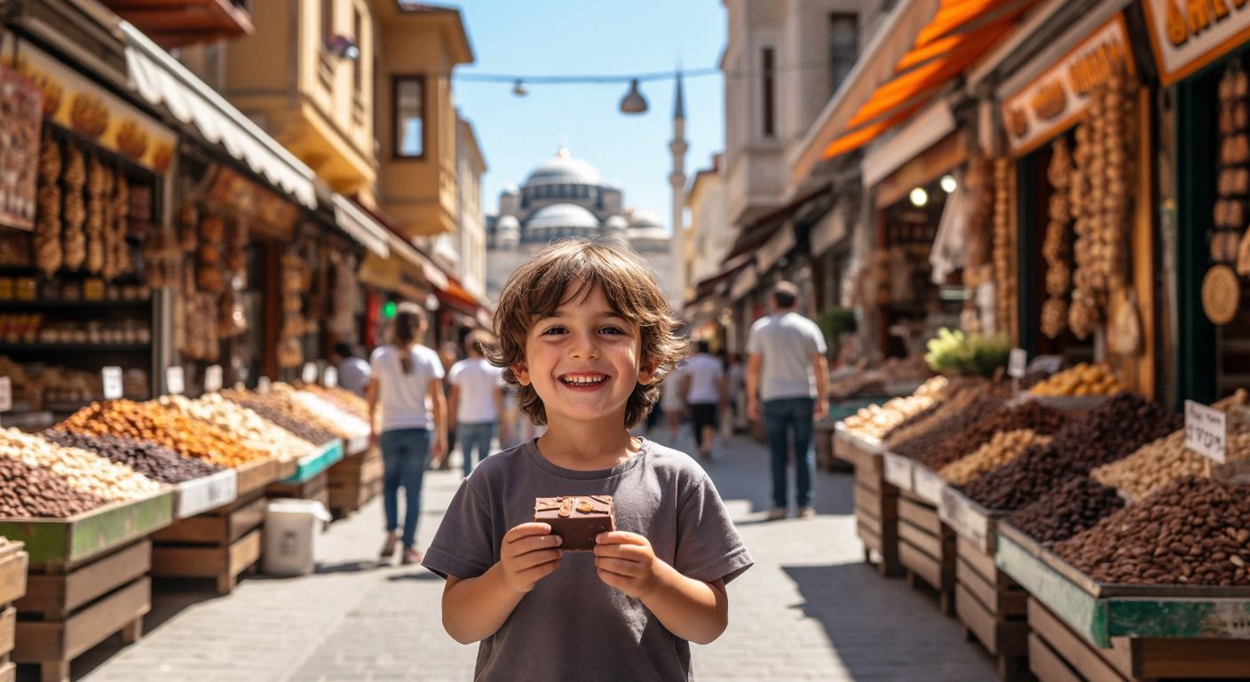 A smiling child holding a chocolate bar on a stick, standing in a sunny Turkish bazaar with colorful stalls and the scent of roasted nuts in the air.