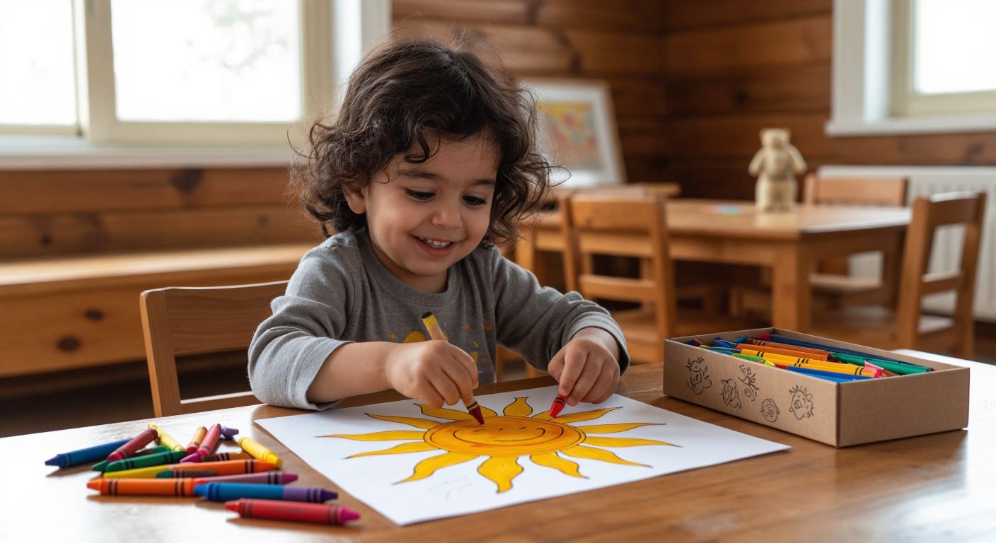 A cheerful Turkish preschooler with dark curly hair sits at a wooden table, gripping a chunky triangular crayon in small hands, coloring a vibrant sun on white paper while a box of jumbo crayons spills open nearby.