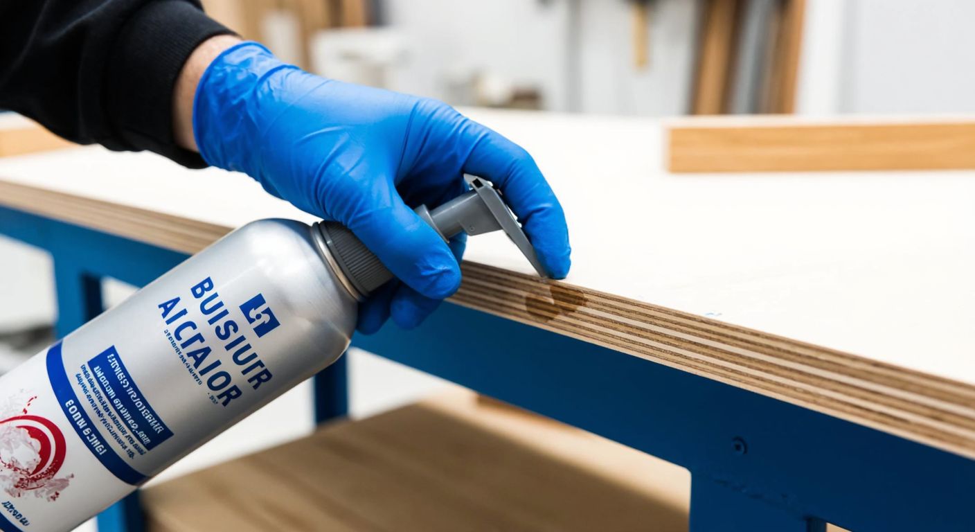 A close-up of a gloved hand holding a spray activator can, applying it to a clean, smooth MDF surface in a well-lit Turkish woodworking workshop.