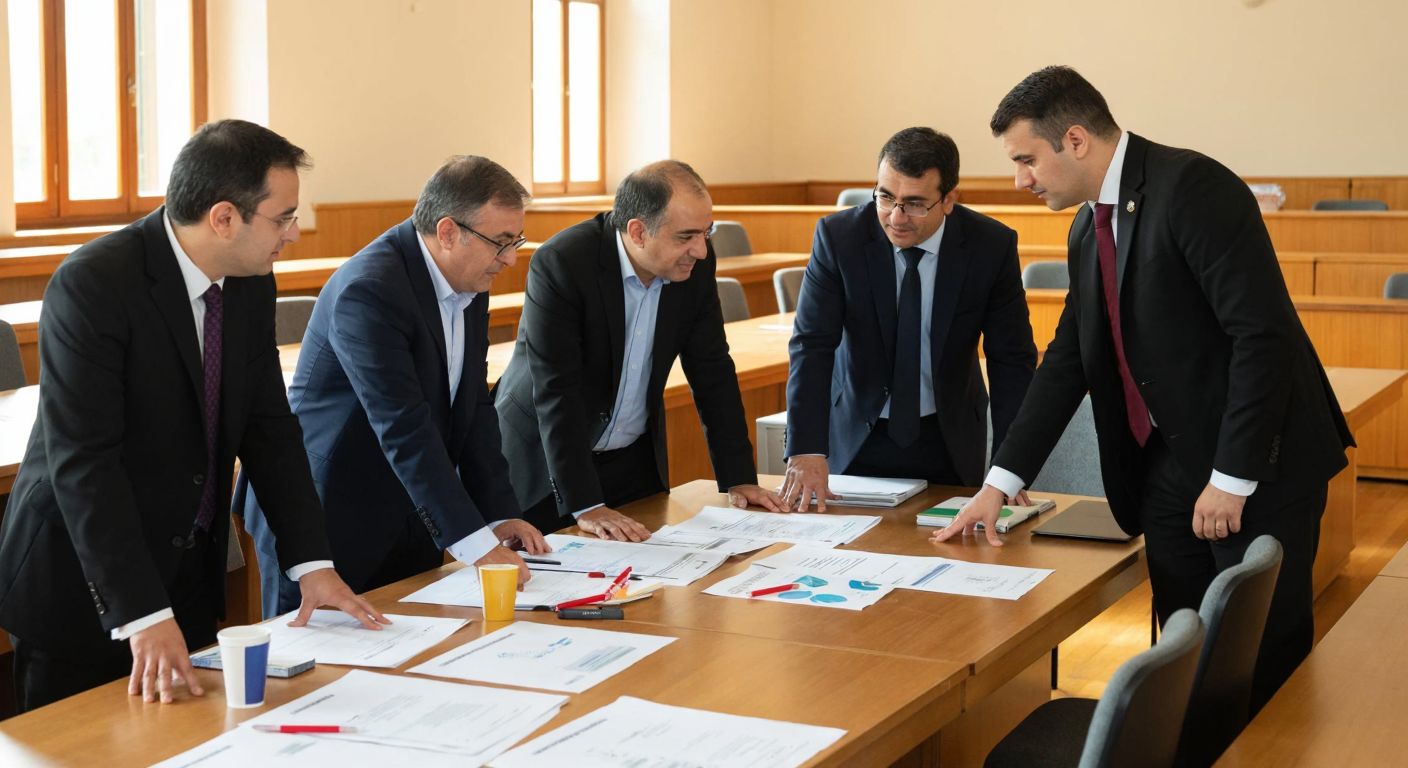 A group of Turkish university professors in formal attire discussing over a table covered with academic papers and course materials in a sunlit lecture hall.