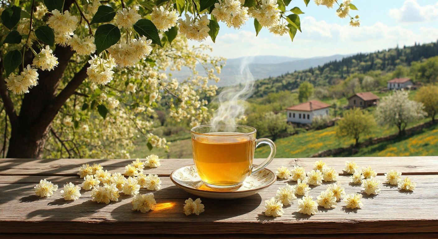 A serene Turkish countryside scene with a blooming linden tree, its fragrant yellow-white flowers scattered on a wooden table holding a steaming cup of linden tea.