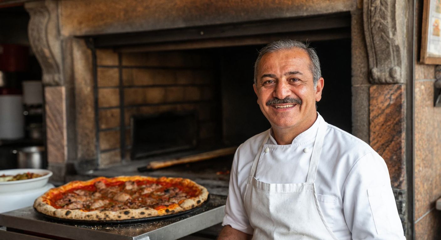A middle-aged Turkish man with a warm smile, wearing a white chef's apron, stands proudly in front of a bustling kebab restaurant with a golden-brown pide baking in a stone oven behind him.