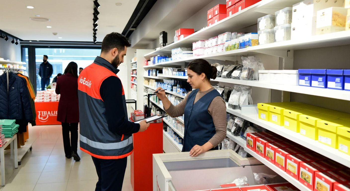 A bustling Turkish retail store with neatly arranged shelves, a worker in a branded vest adjusting product displays, and a manager reviewing sales data on a clipboard, conveying efficiency and customer-focused merchandising.