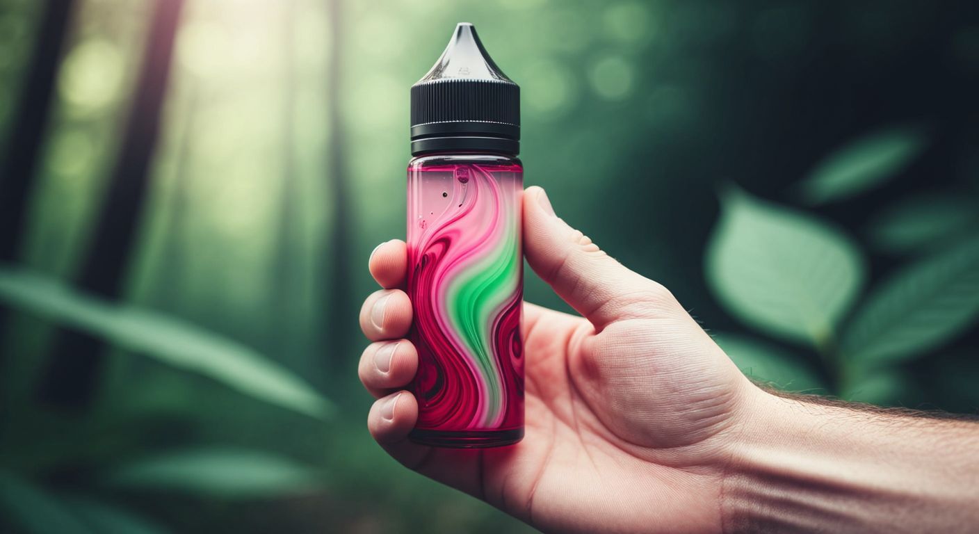 A hand holding a sleek, translucent e-liquid bottle with swirling hues of pink and green, evoking the juicy sweetness of watermelon and strawberry, while a faint earthy hint of licorice root lingers in the air.