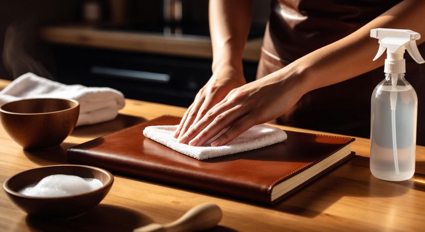 A close-up of a person’s hands gently wiping a smooth leather menu with a soft, damp cloth, surrounded by a small bowl of soapy water and a spray bottle on a wooden table in warm indoor lighting.
