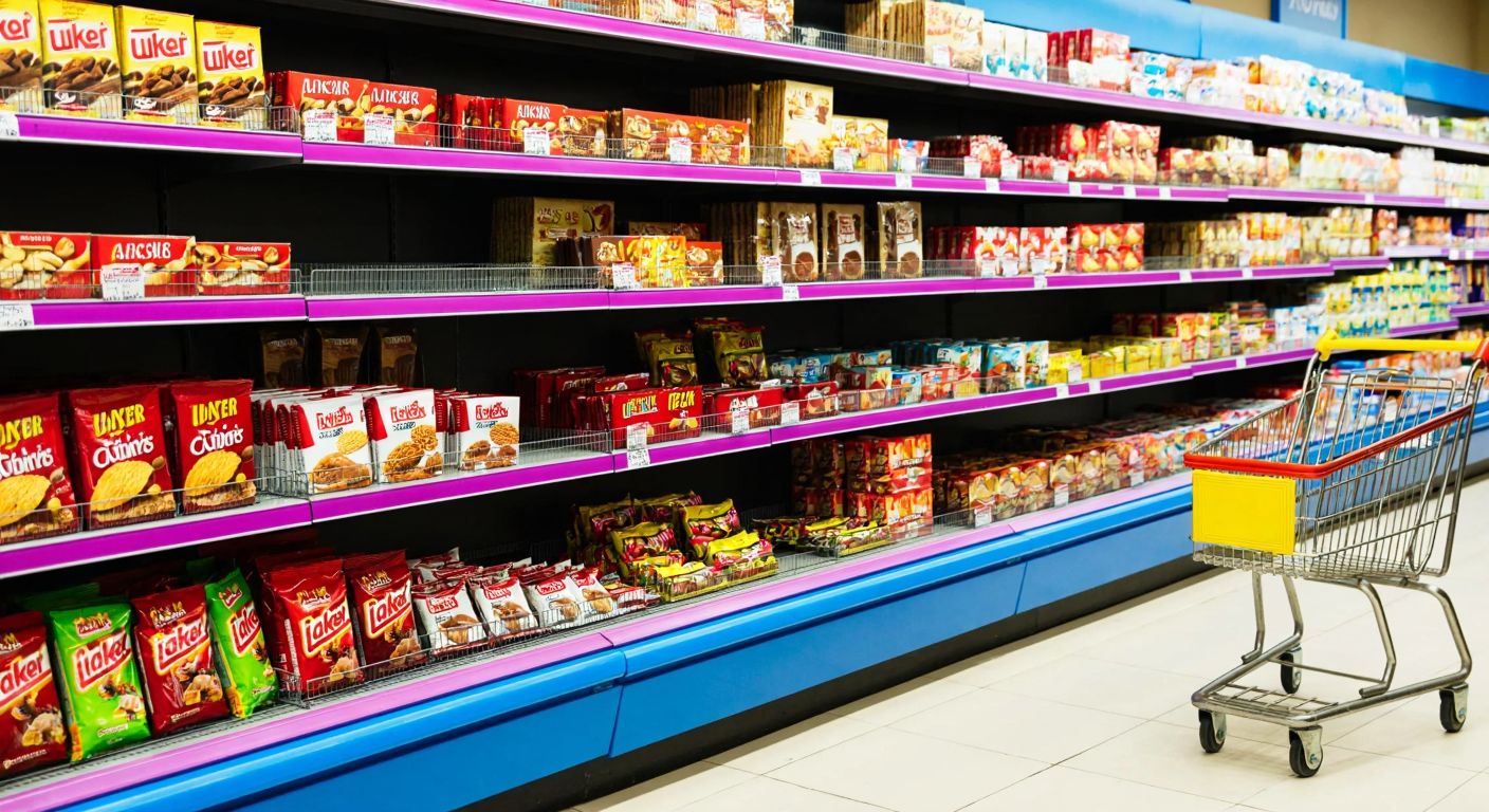A colorful shelf in a European-style supermarket stocked with various Ülker-branded Turkish snacks like biscuits and chocolates, with a shopping cart nearby.