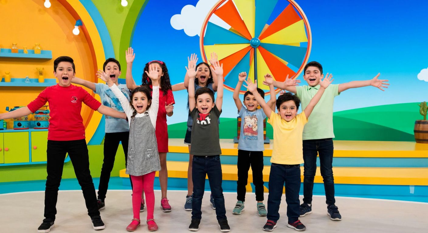 A group of cheerful Turkish children, aged 8 to 12, standing excitedly in front of a colorful TRT Çocuk studio set with a spinning windmill prop in the background.
