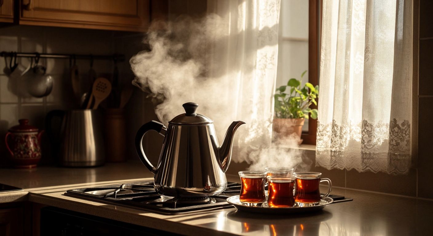 A sleek stainless steel teapot with a black bakelite handle sits on a stovetop in a cozy Turkish kitchen, steam rising from its spout as sunlight streams through lace curtains onto a tray of tulip-shaped tea glasses.