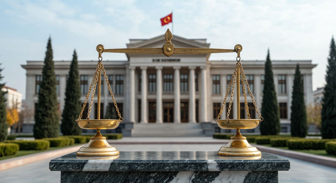 A pair of identical golden scales balanced on a marble podium, symbolizing the equivalence of etatism and statism, with a backdrop of a grand government building in Ankara.