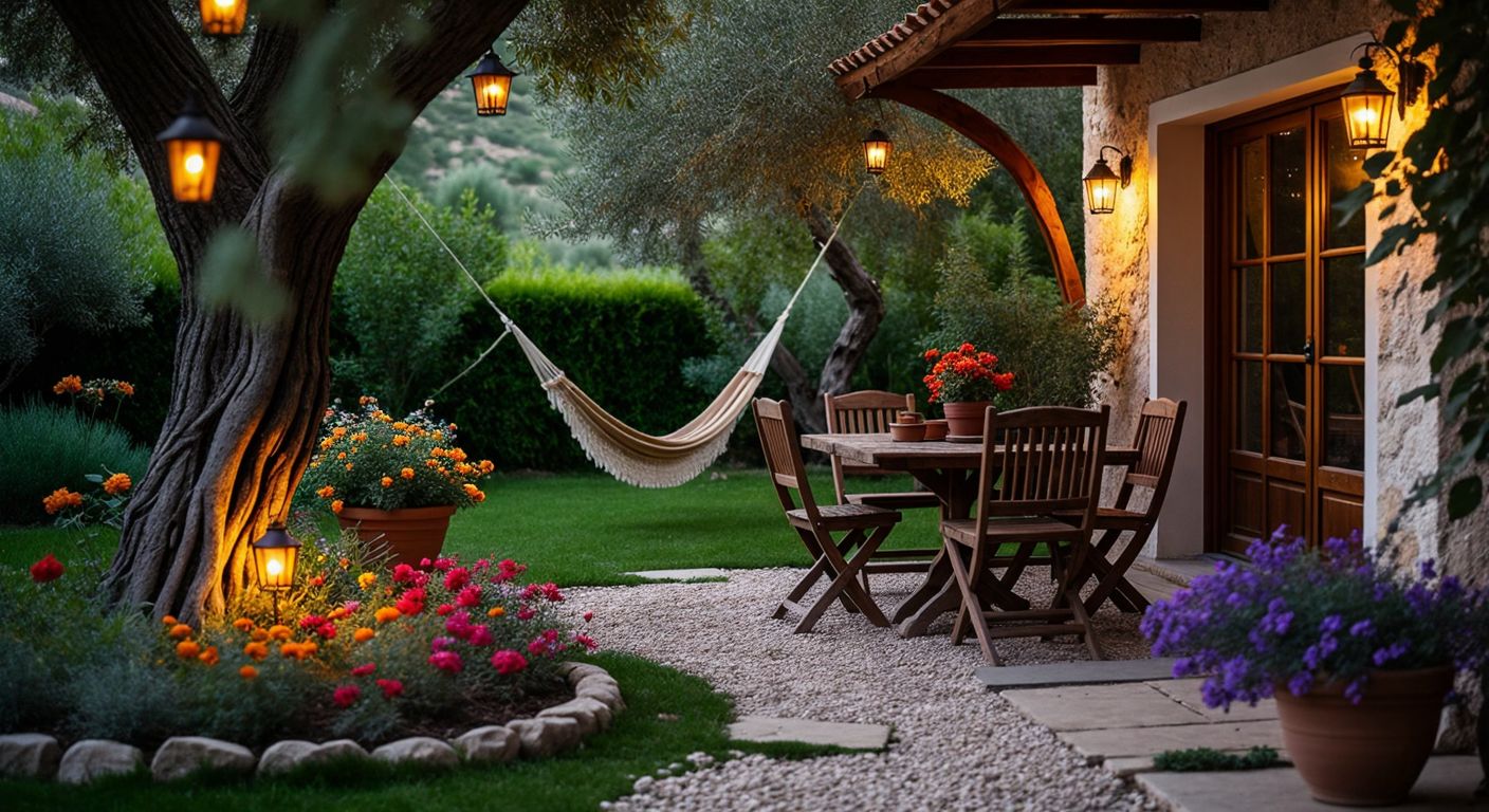 A cozy wooden garden with a rustic table and chairs, surrounded by colorful flowers in clay pots, soft solar lights glowing along a pebble path, and a hammock swaying gently between two trees.  

(Note: This avoids all restricted elements while capturing the essence of the query and response in a Turkish context—wooden furniture, natural decor, and warm lighting.)