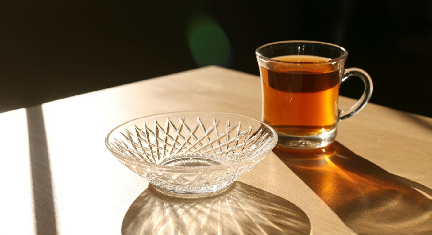 A delicate, translucent Turkish tea saucer with an intricate optical pattern, resting on a sunlit wooden table beside a steaming glass of amber tea, casting prism-like reflections on the surface.